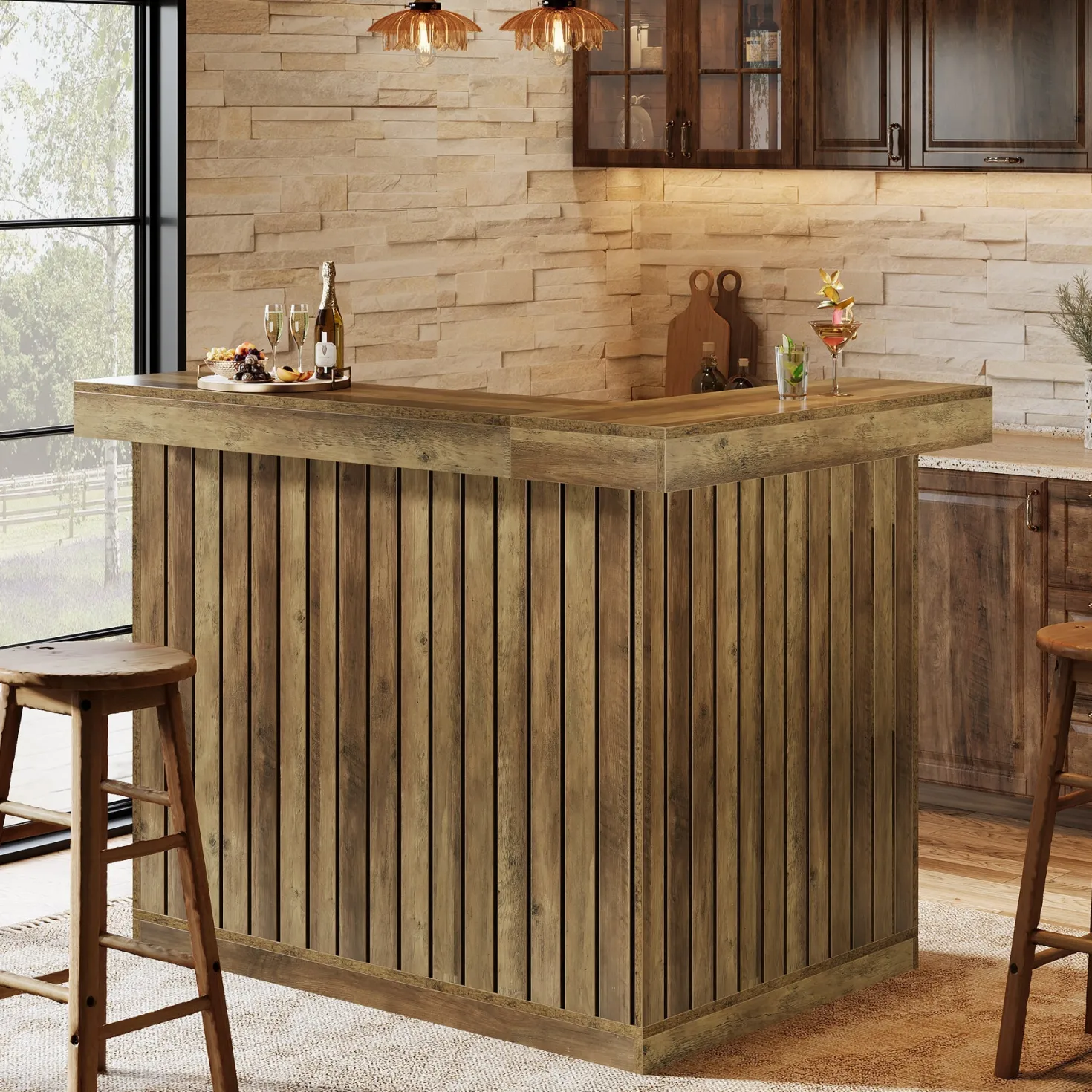 L-Shaped Bar Unit, 4-Tier Corner Liquor Bar Table with Storage Shelves