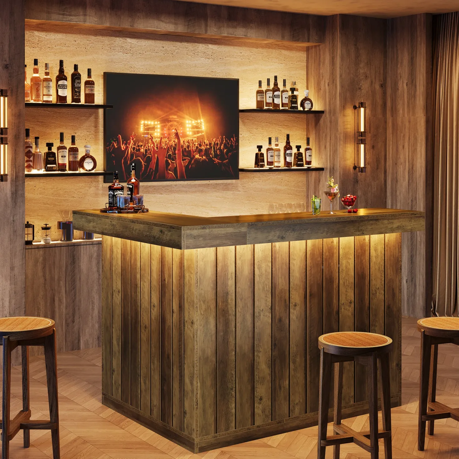 L-Shaped Bar Unit, 4-Tier Corner Liquor Bar Table with Storage Shelves