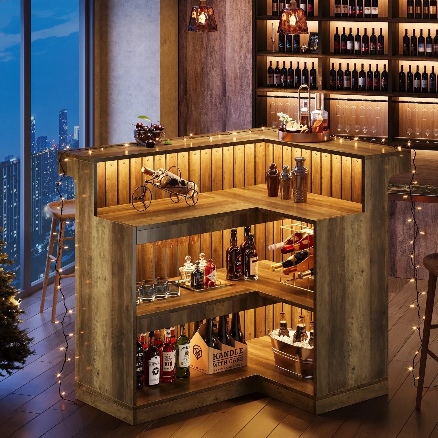 L-Shaped Bar Unit, 4-Tier Corner Liquor Bar Table with Storage Shelves