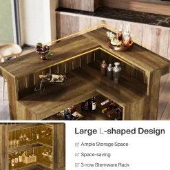 L-Shaped Bar Unit, 4-Tier Corner Liquor Bar Table with Storage Shelves