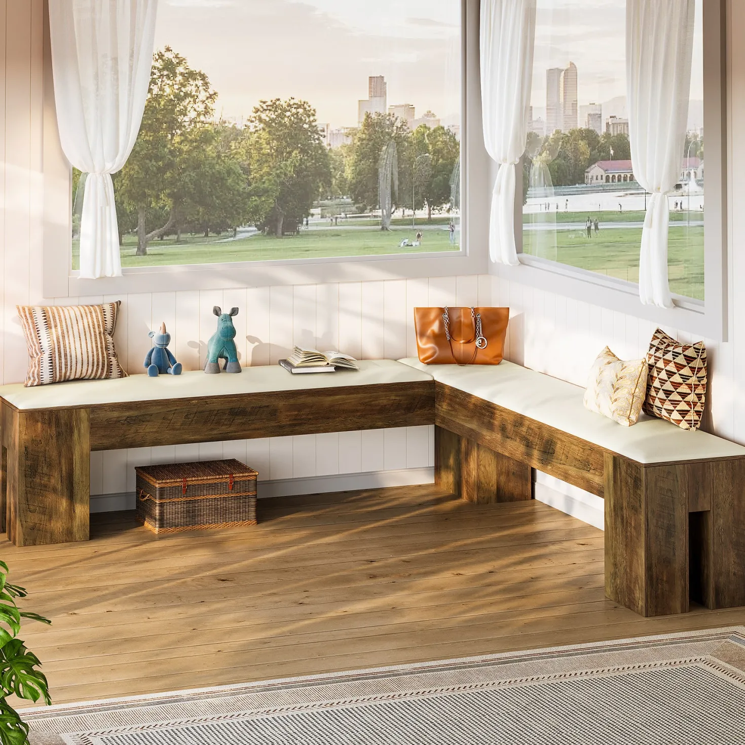 L-Shaped Bench, 61" Entryway Shoe Bench with Padded Seat Cushion