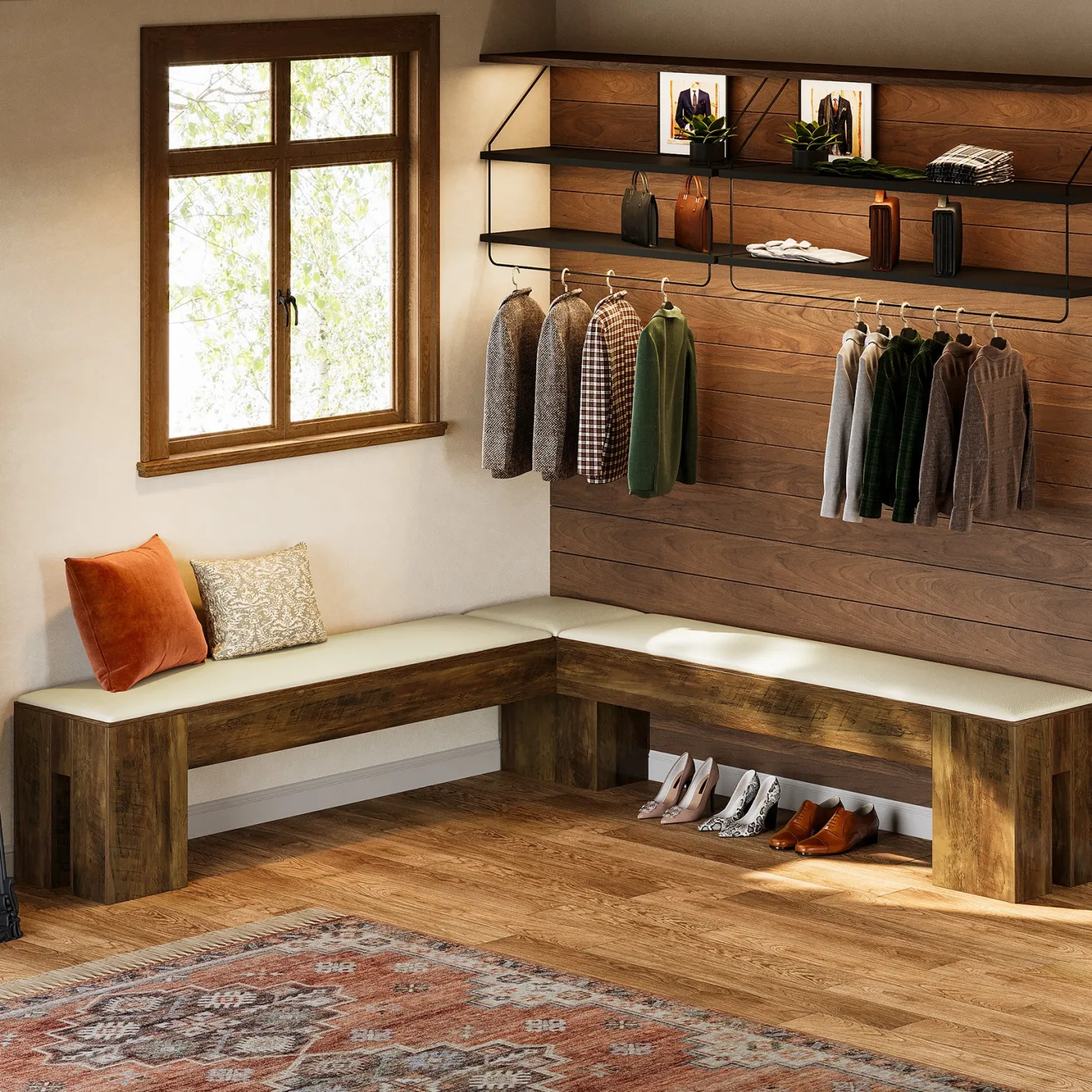 L-Shaped Bench, 61" Entryway Shoe Bench with Padded Seat Cushion