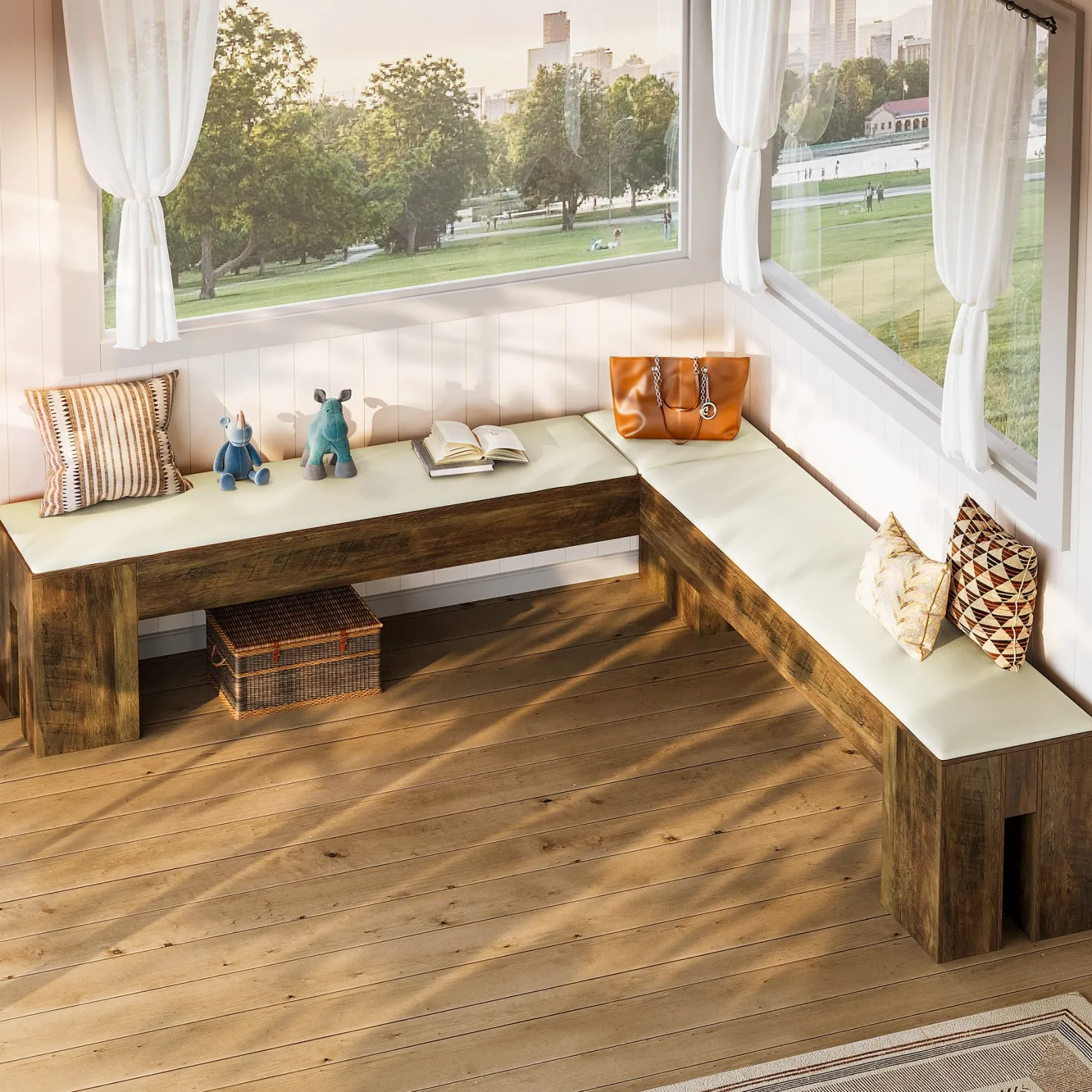 L-Shaped Bench, 61" Entryway Shoe Bench with Padded Seat Cushion