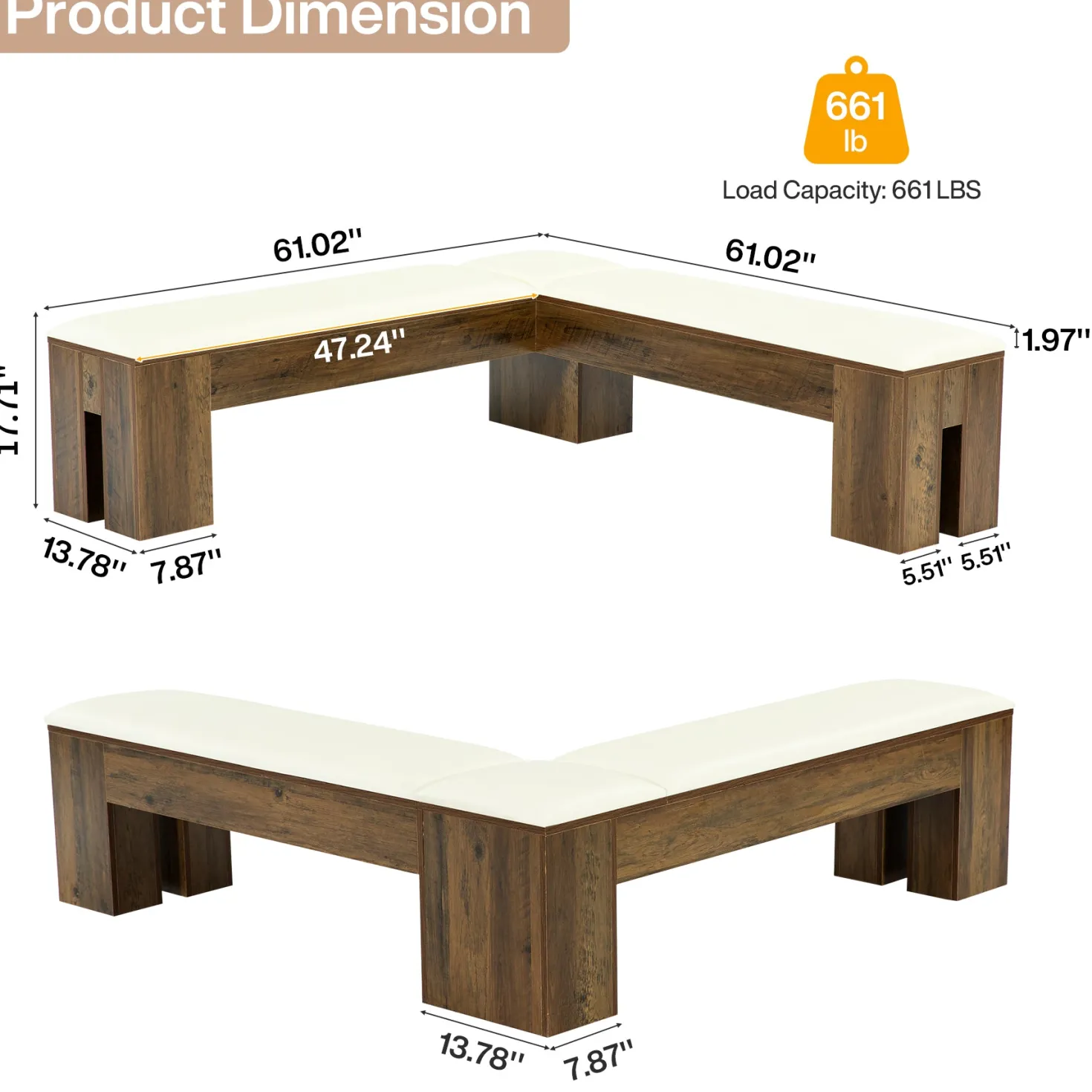 L-Shaped Bench, 61" Entryway Shoe Bench with Padded Seat Cushion