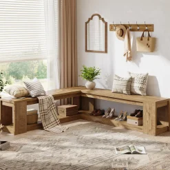 L-Shaped Bench with Storage, Corner Entryway Bench for Living Room