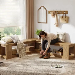 L-Shaped Bench with Storage, Corner Entryway Bench for Living Room