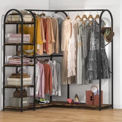 L-Shaped Clothes Rack, Corner Garment Rack with Storage Shelves