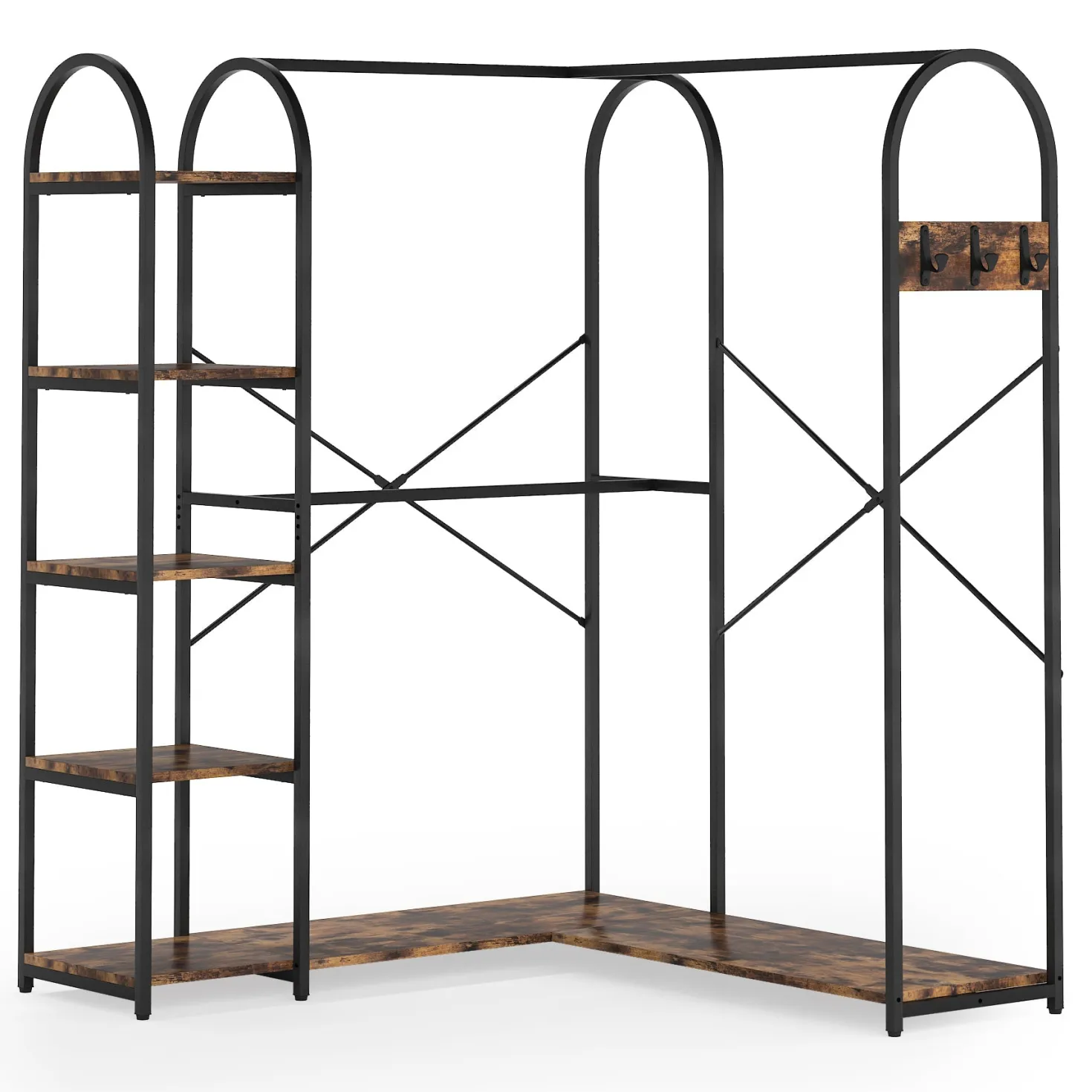 L-Shaped Clothes Rack, Corner Garment Rack with Storage Shelves
