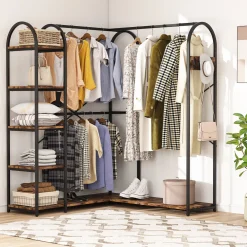 L-Shaped Clothes Rack, Corner Garment Rack with Storage Shelves