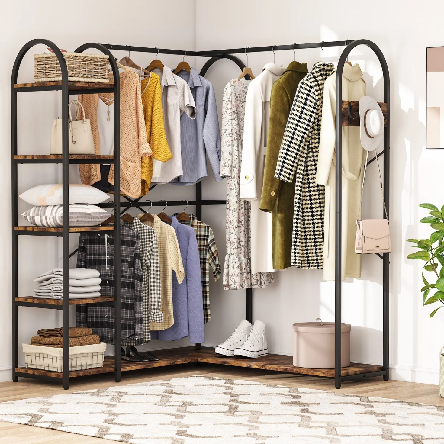 L-Shaped Clothes Rack, Corner Garment Rack with Storage Shelves