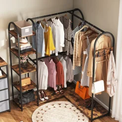 L-Shaped Clothes Rack, Corner Garment Rack with Storage Shelves
