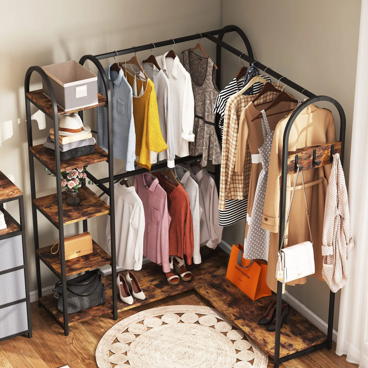 L-Shaped Clothes Rack, Corner Garment Rack with Storage Shelves