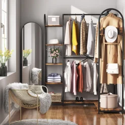 L-Shaped Clothes Rack, Corner Garment Rack with Storage Shelves