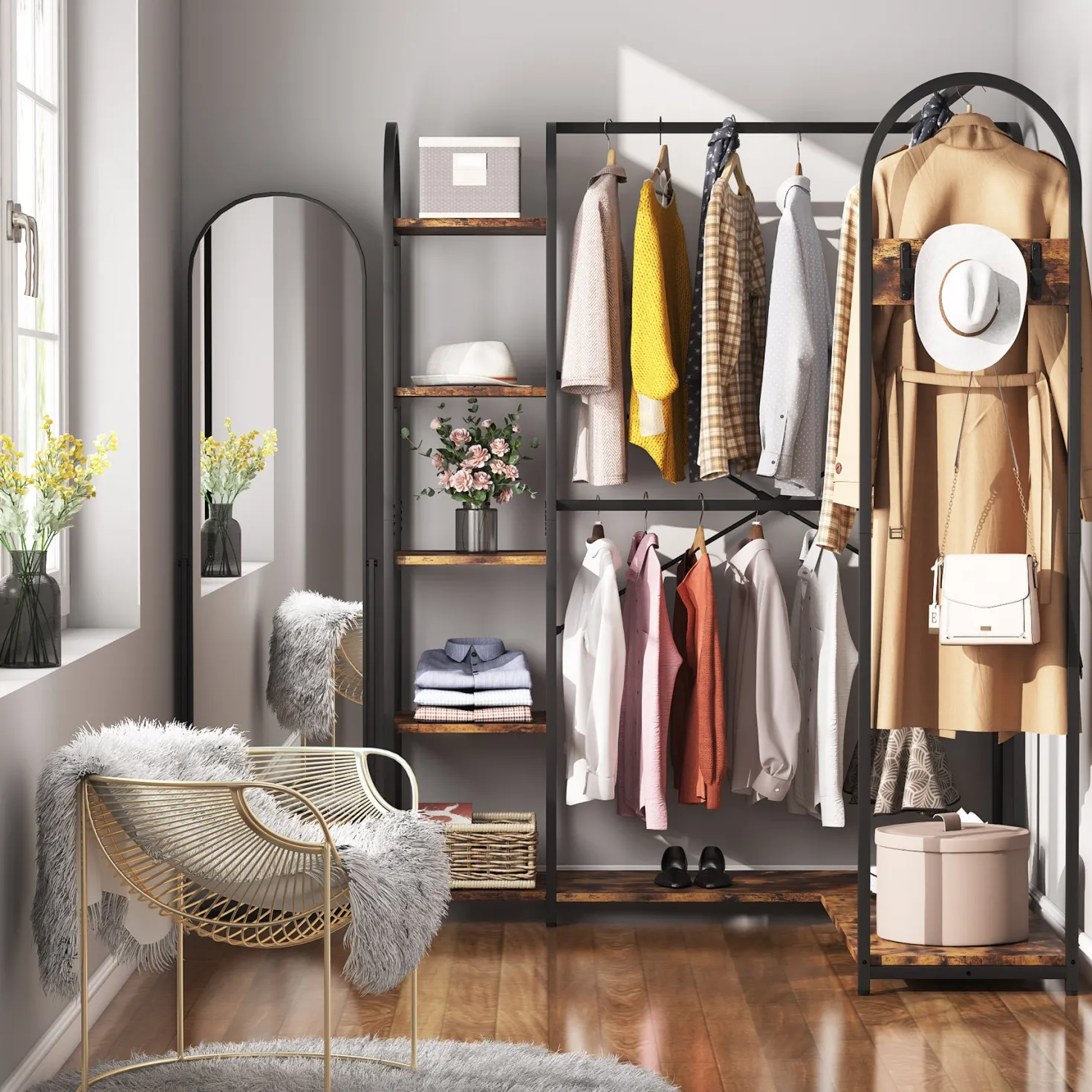 L-Shaped Clothes Rack, Corner Garment Rack with Storage Shelves
