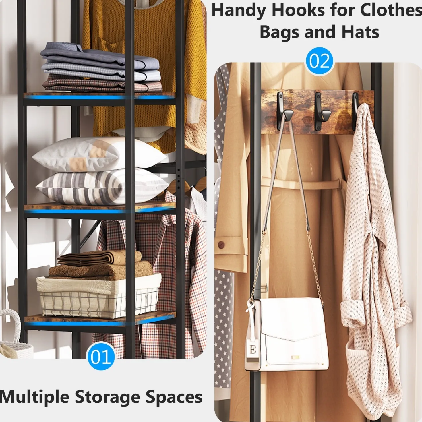 L-Shaped Clothes Rack, Corner Garment Rack with Storage Shelves