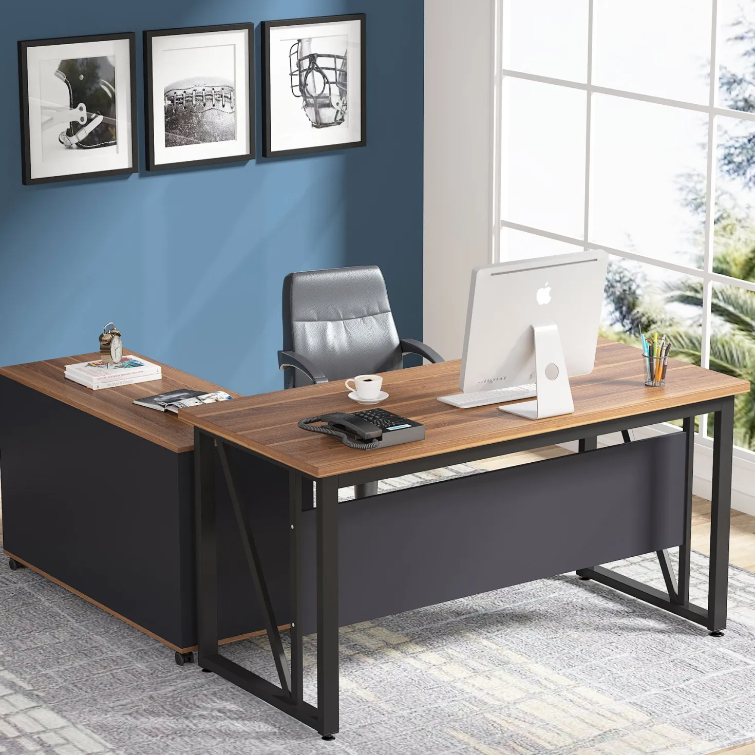 L-Shaped Computer Desk, 55" / 63" Executive Desk and Mobile File Cabinet