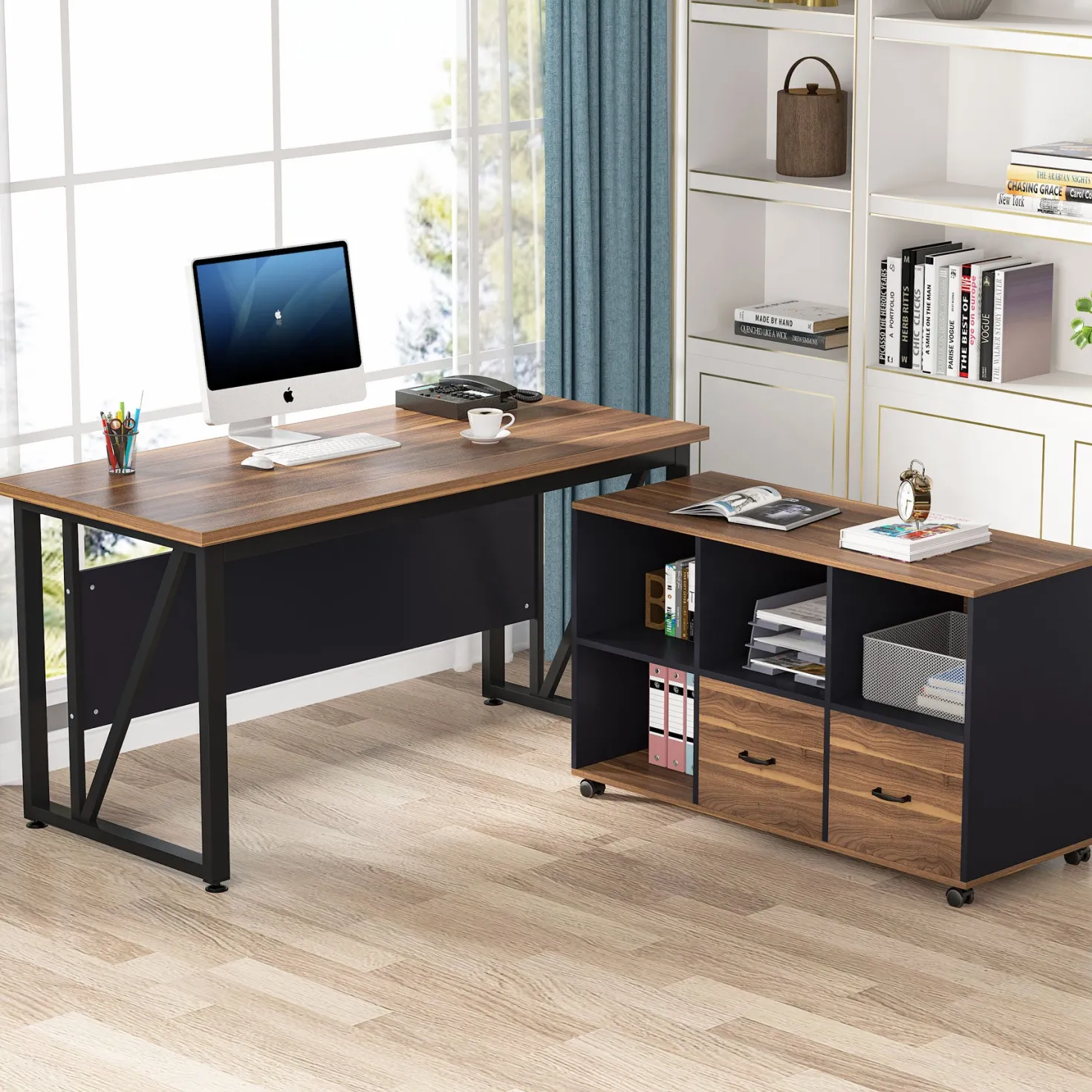 L-Shaped Computer Desk, 55" / 63" Executive Desk and Mobile File Cabinet