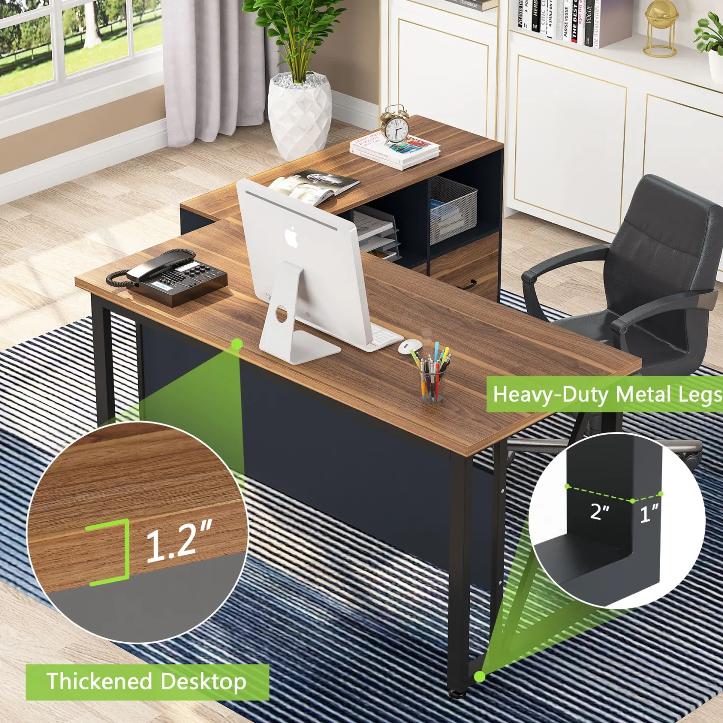 L-Shaped Computer Desk, 55" / 63" Executive Desk and Mobile File Cabinet
