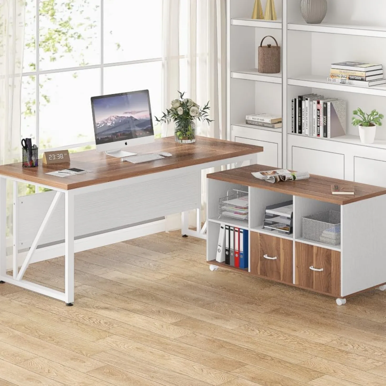 L-Shaped Computer Desk, 55" / 63" Executive Desk and Mobile File Cabinet