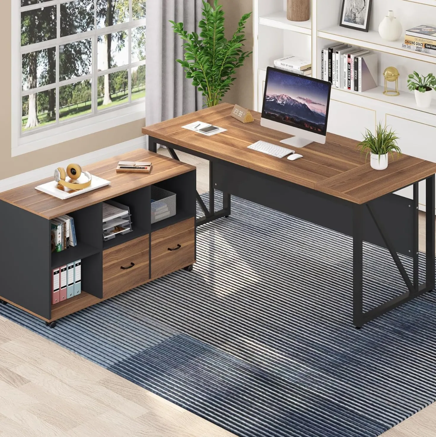 L-Shaped Computer Desk, 55" / 63" Executive Desk and Mobile File Cabinet