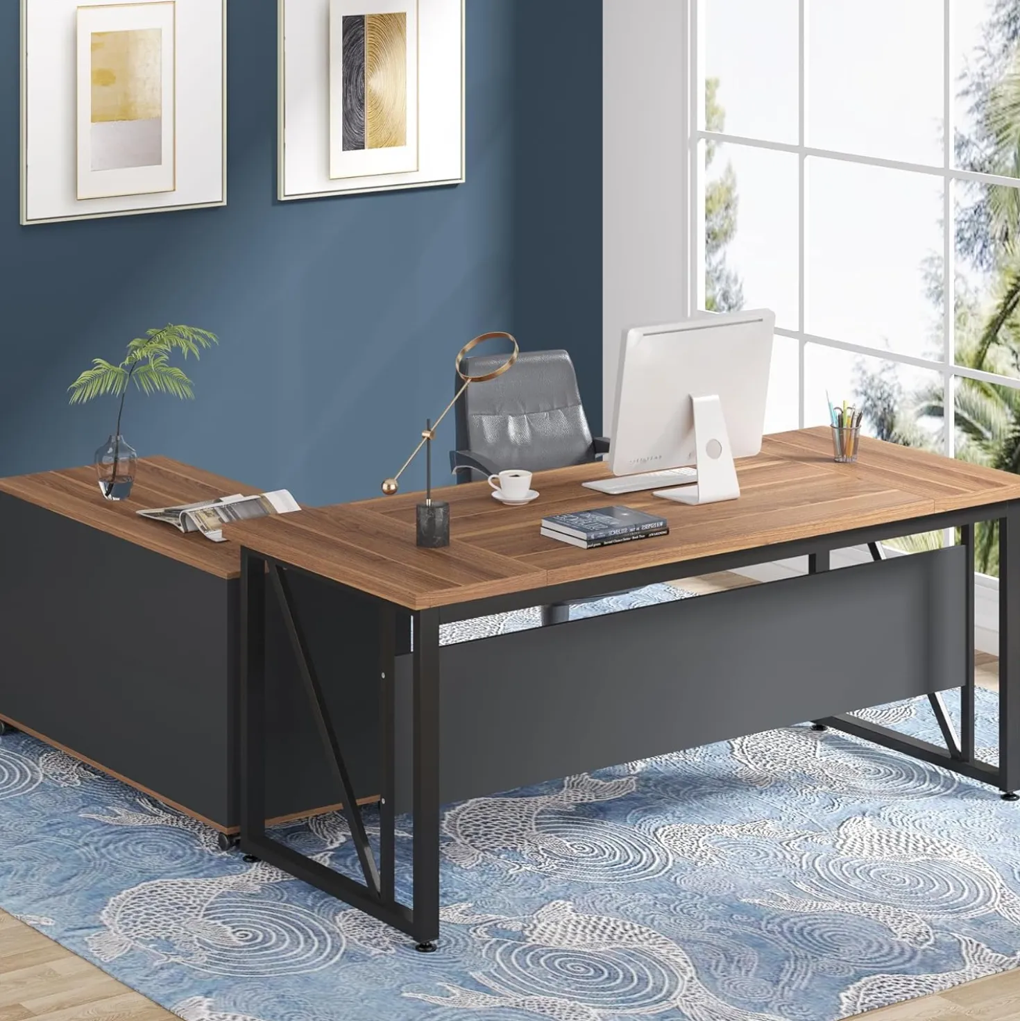 L-Shaped Computer Desk, 55" / 63" Executive Desk and Mobile File Cabinet