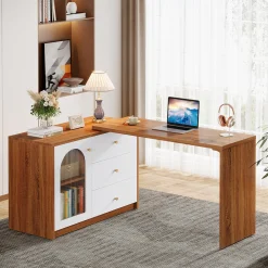 L-Shaped Computer Desk, Corner Office Desk with Reversible Storage Cabinet