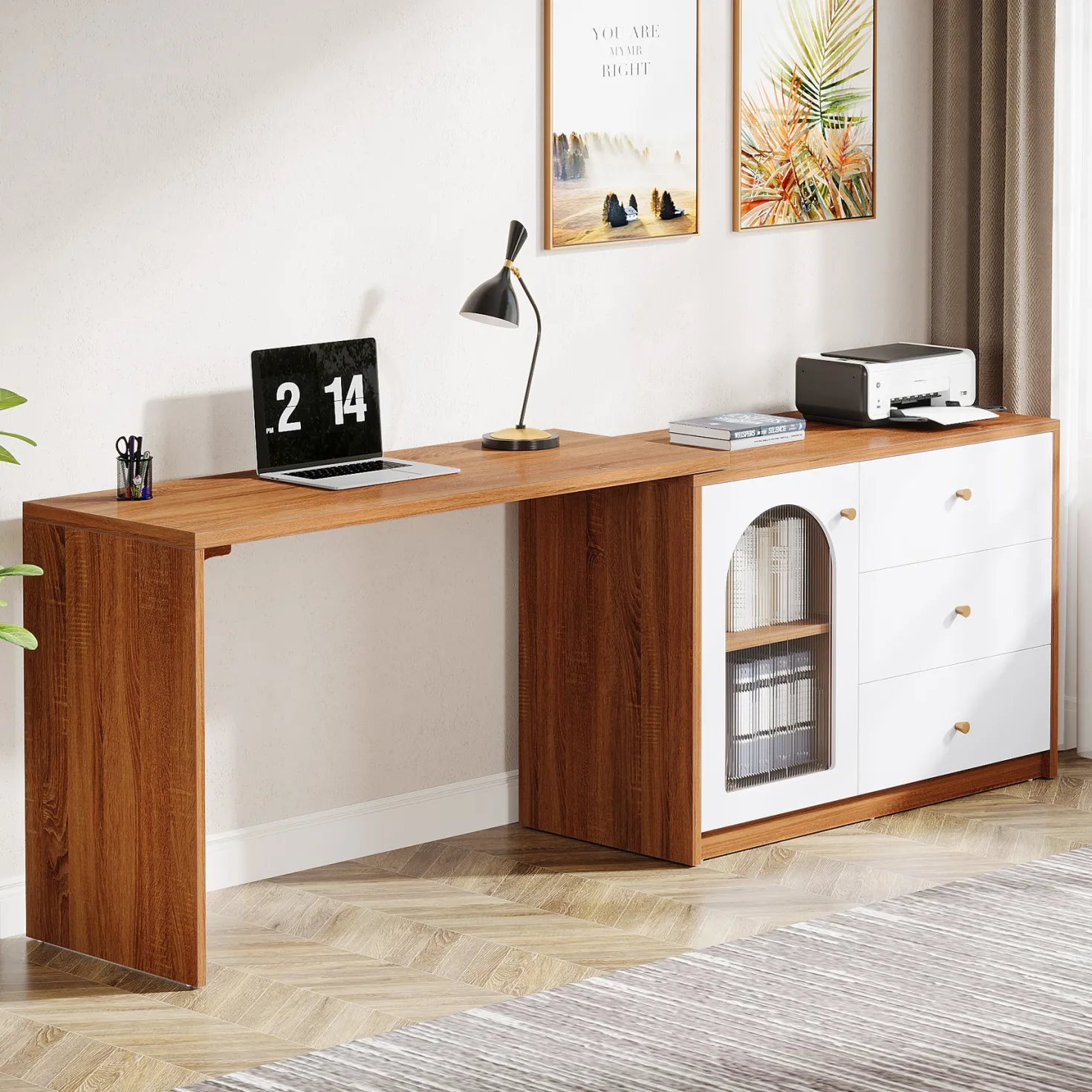 L-Shaped Computer Desk, Corner Office Desk with Reversible Storage Cabinet