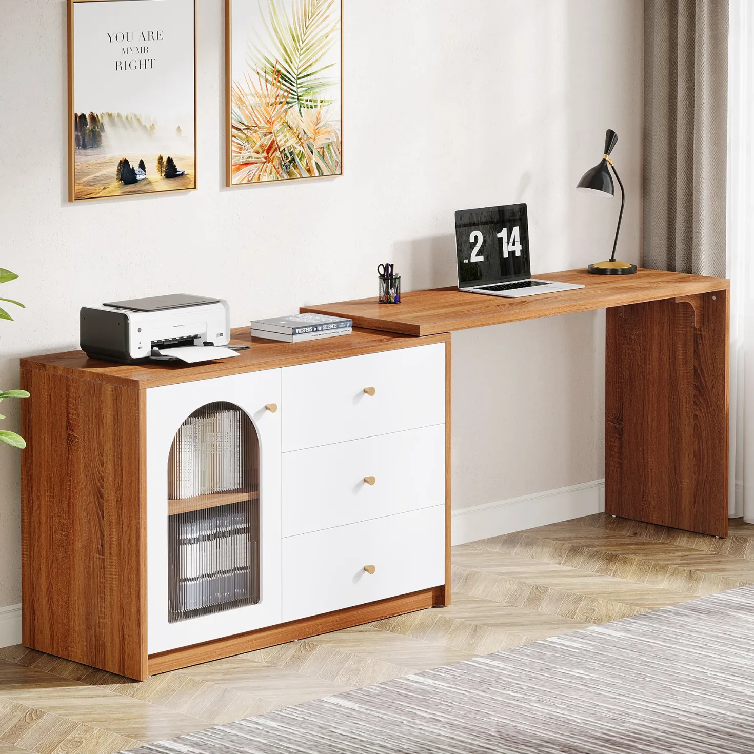 L-Shaped Computer Desk, Corner Office Desk with Reversible Storage Cabinet