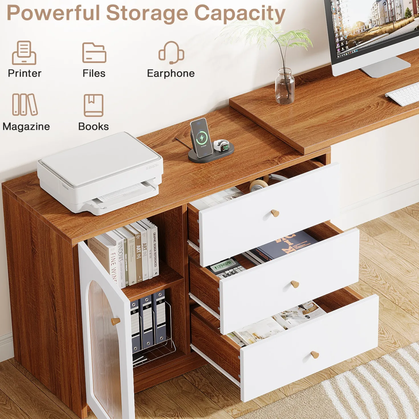 L-Shaped Computer Desk, Corner Office Desk with Reversible Storage Cabinet