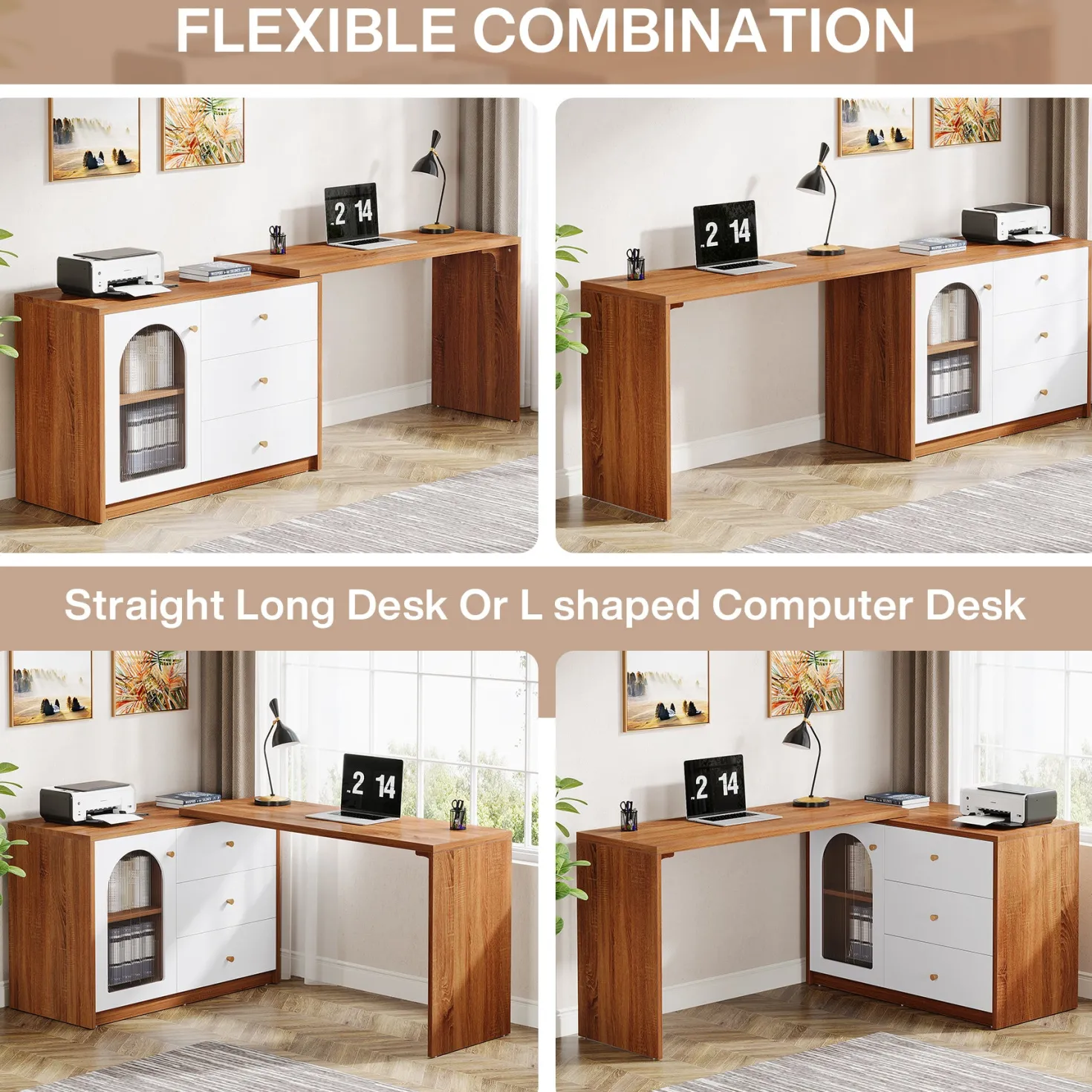 L-Shaped Computer Desk, Corner Office Desk with Reversible Storage Cabinet