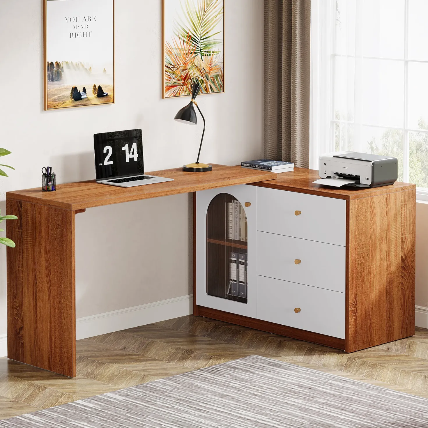 L-Shaped Computer Desk, Corner Office Desk with Reversible Storage Cabinet