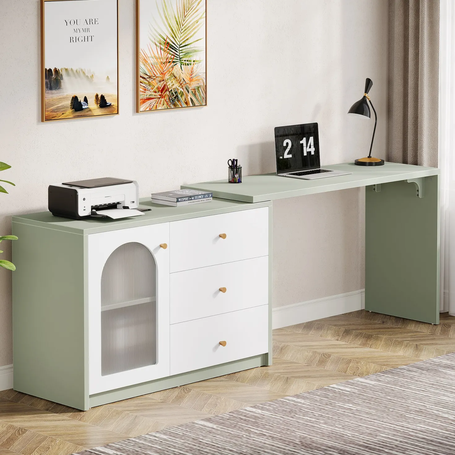 L-Shaped Computer Desk, Corner Office Desk with Reversible Storage Cabinet