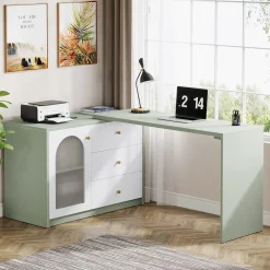 L-Shaped Computer Desk, Corner Office Desk with Reversible Storage Cabinet