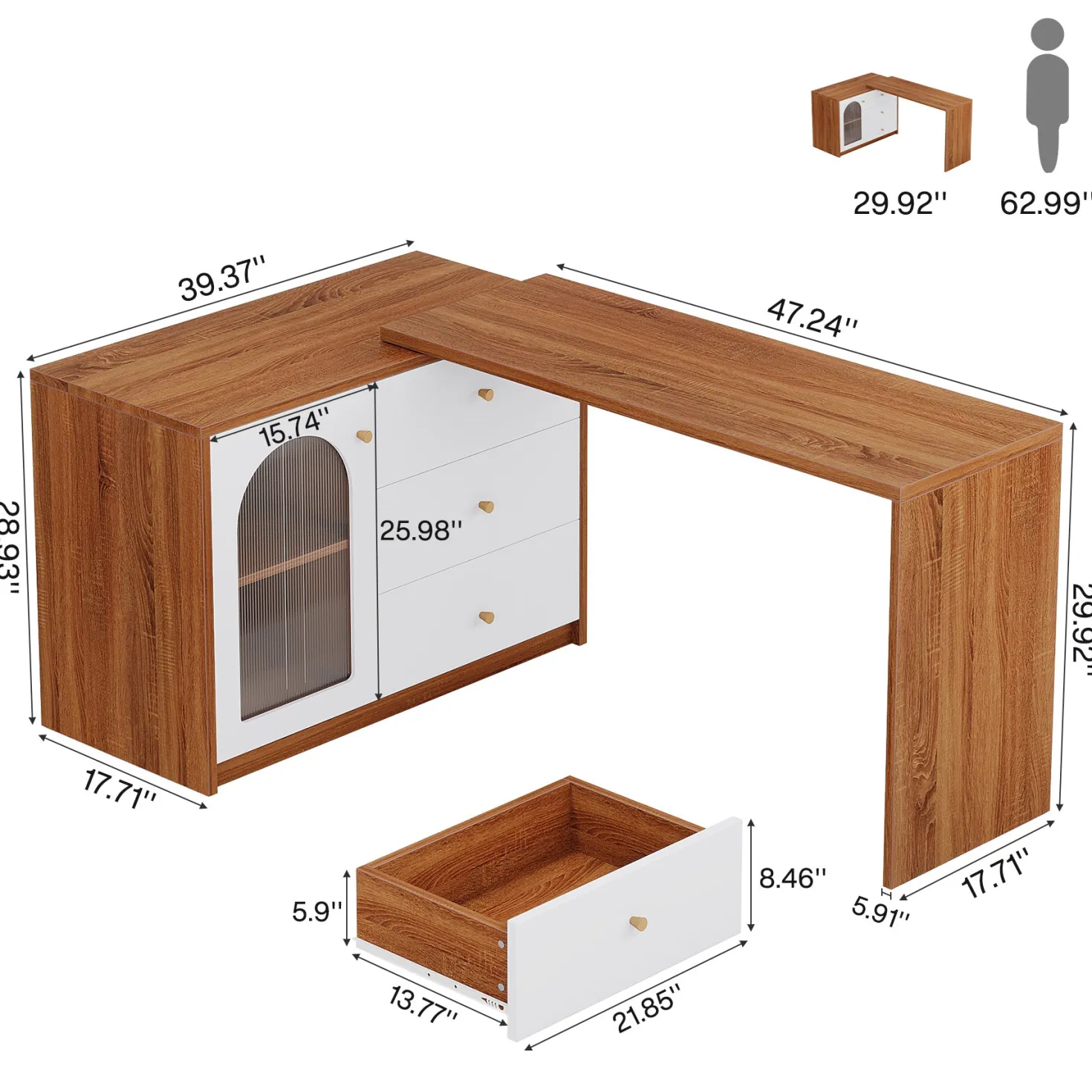 L-Shaped Computer Desk, Corner Office Desk with Reversible Storage Cabinet