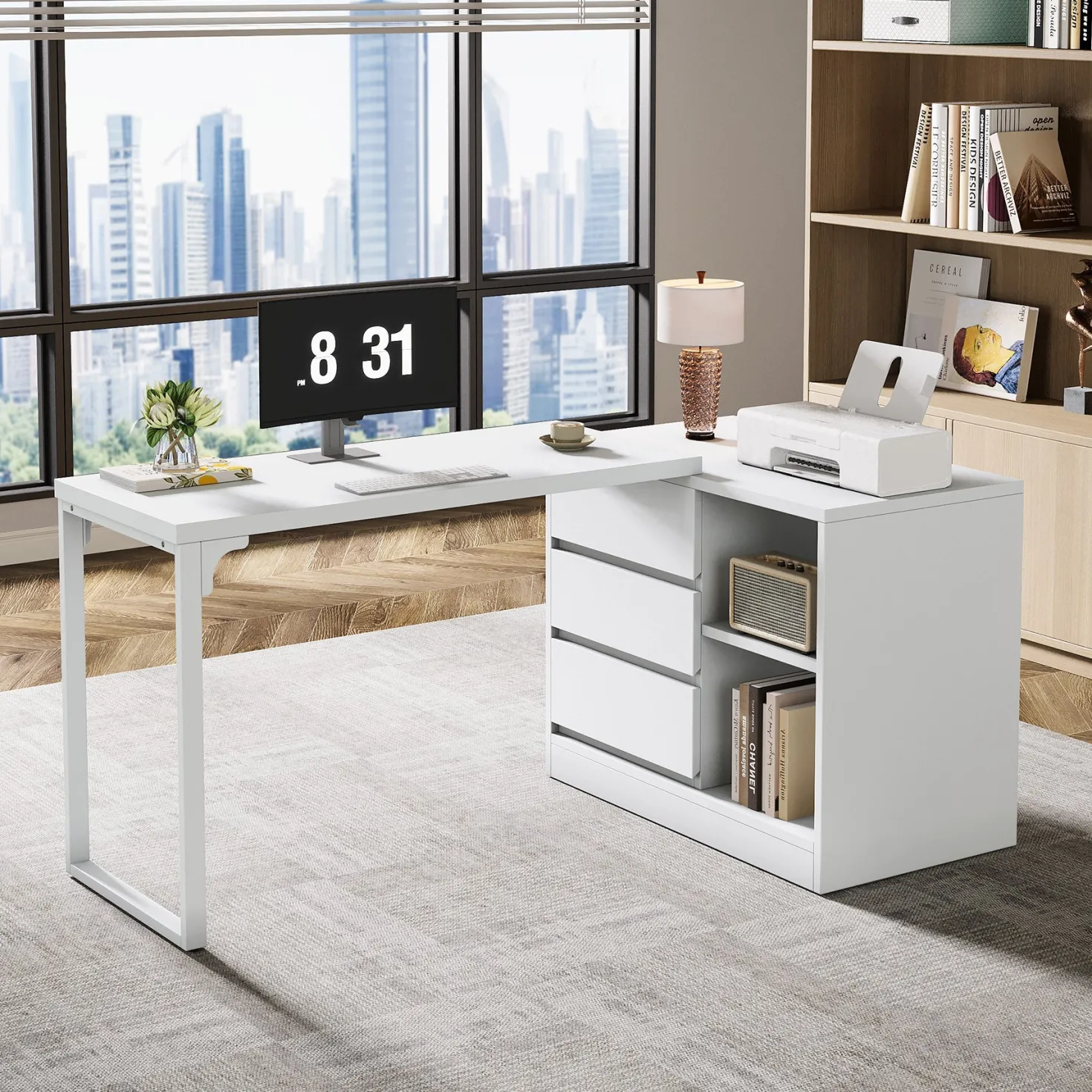 L-Shaped Computer Desk, Reversible Corner Desk With Drawer Cabinet