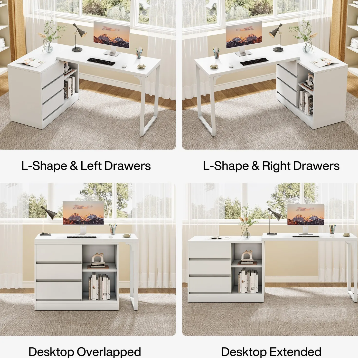 L-Shaped Computer Desk, Reversible Corner Desk With Drawer Cabinet