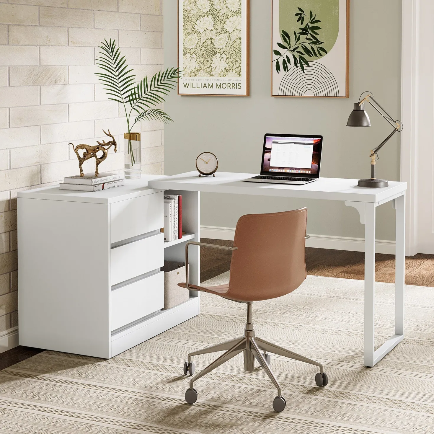 L-Shaped Computer Desk, Reversible Corner Desk With Drawer Cabinet