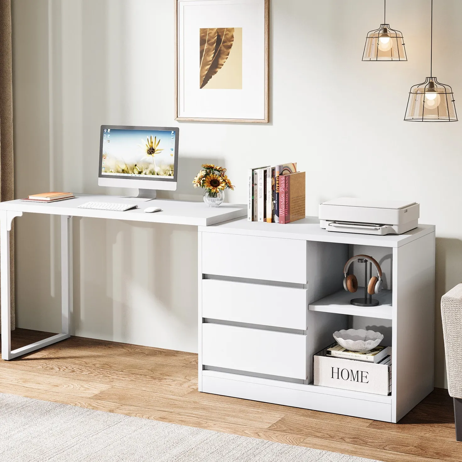 L-Shaped Computer Desk, Reversible Corner Desk With Drawer Cabinet