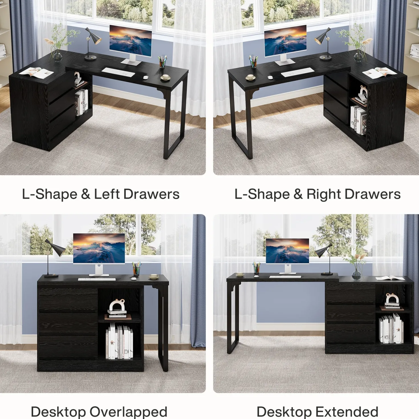 L-Shaped Computer Desk, Reversible Corner Desk With Drawer Cabinet