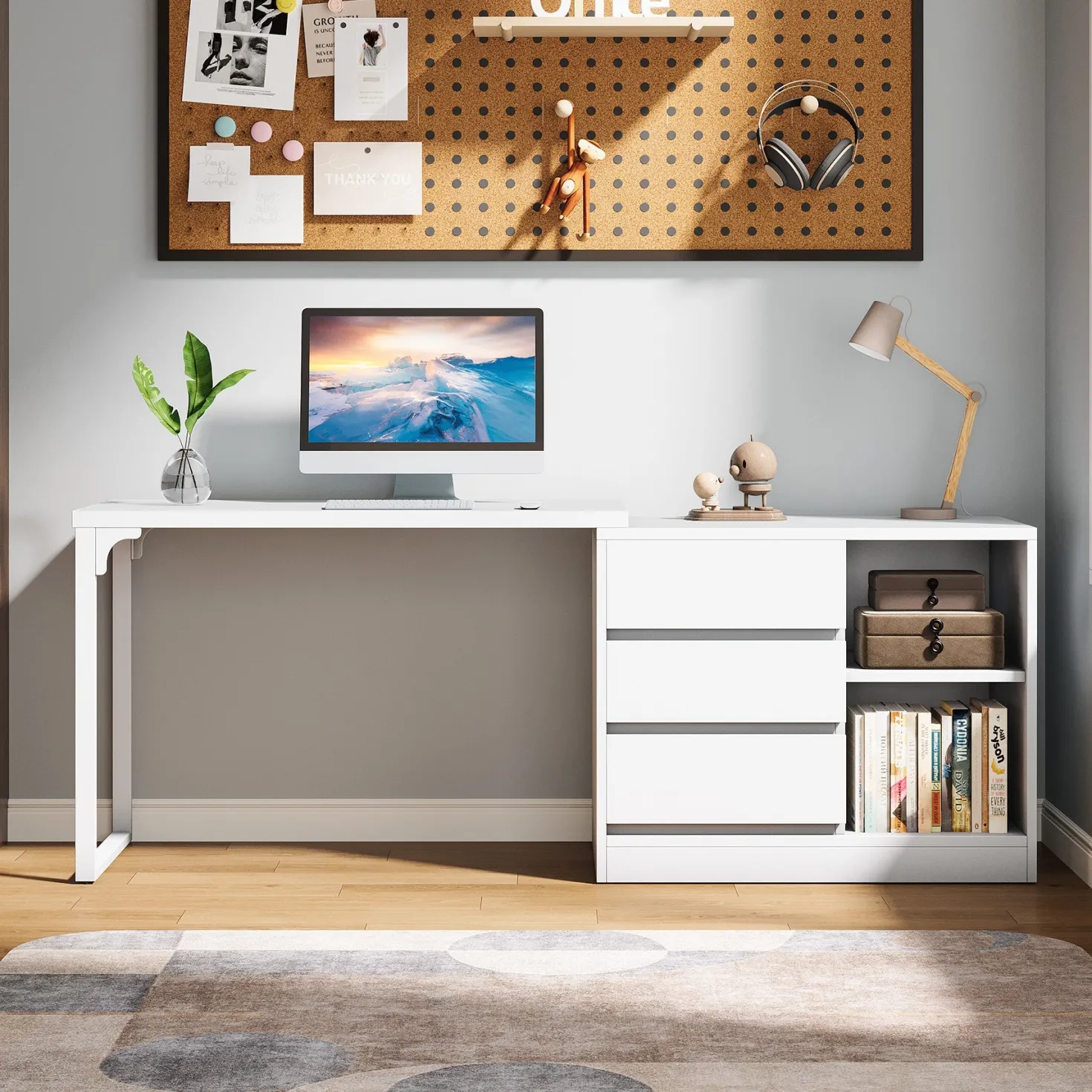 L-Shaped Computer Desk, Reversible Corner Desk With Drawer Cabinet