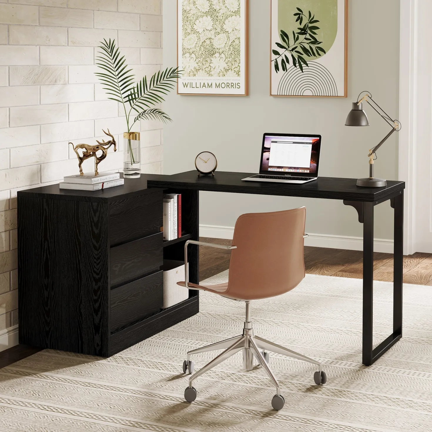 L-Shaped Computer Desk, Reversible Corner Desk With Drawer Cabinet