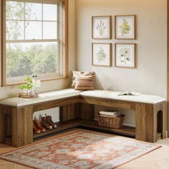L-Shaped Corner Bench, Farmhouse Dining Bench with Removable Seat Cushion