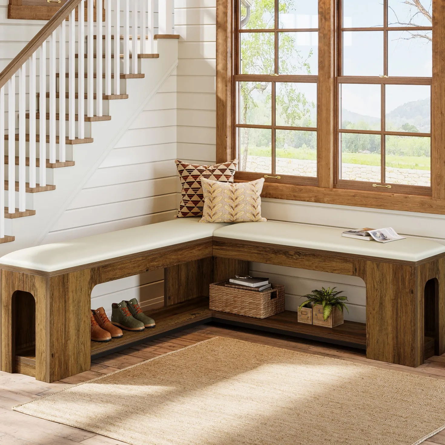 L-Shaped Corner Bench, Farmhouse Dining Bench with Removable Seat Cushion