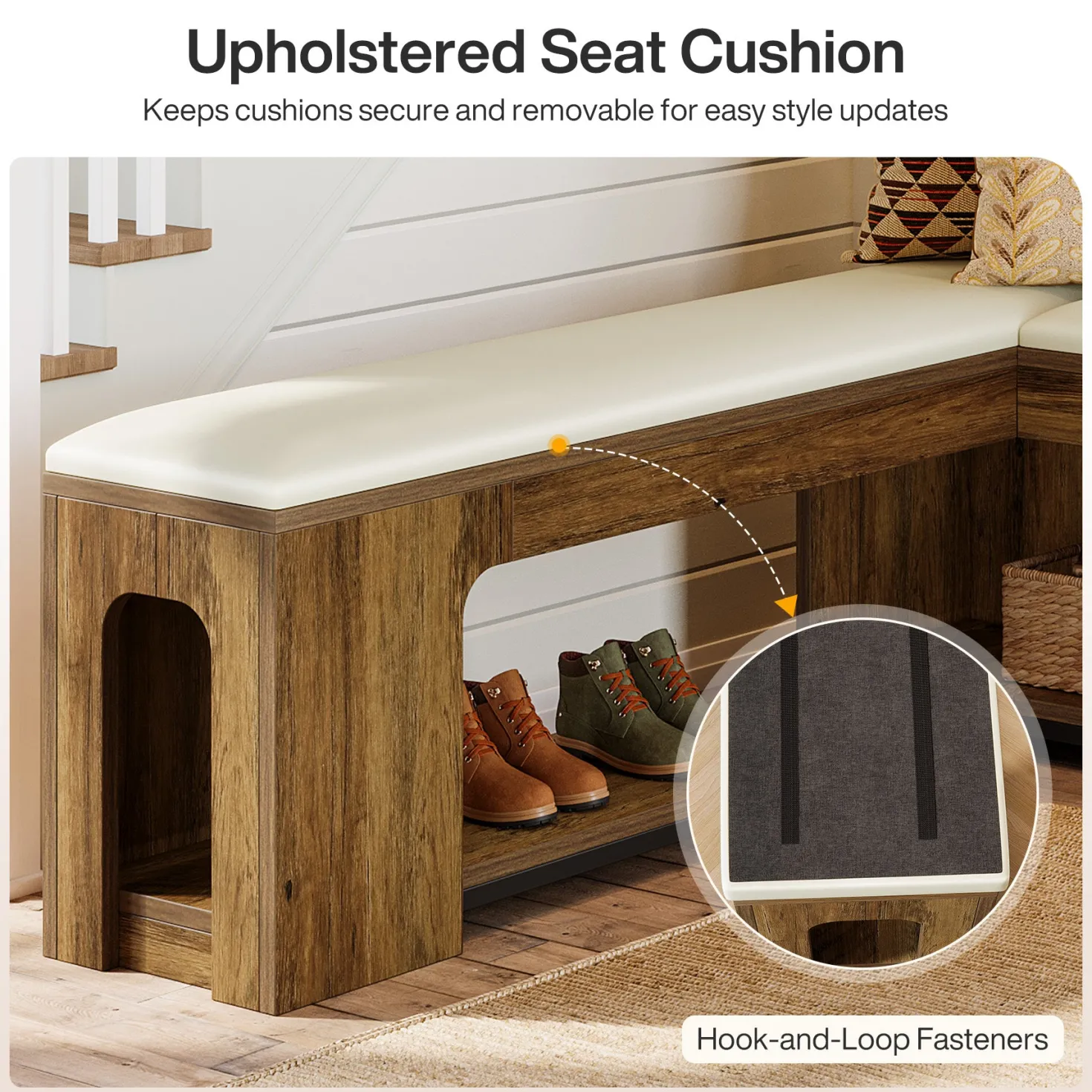 L-Shaped Corner Bench, Farmhouse Dining Bench with Removable Seat Cushion