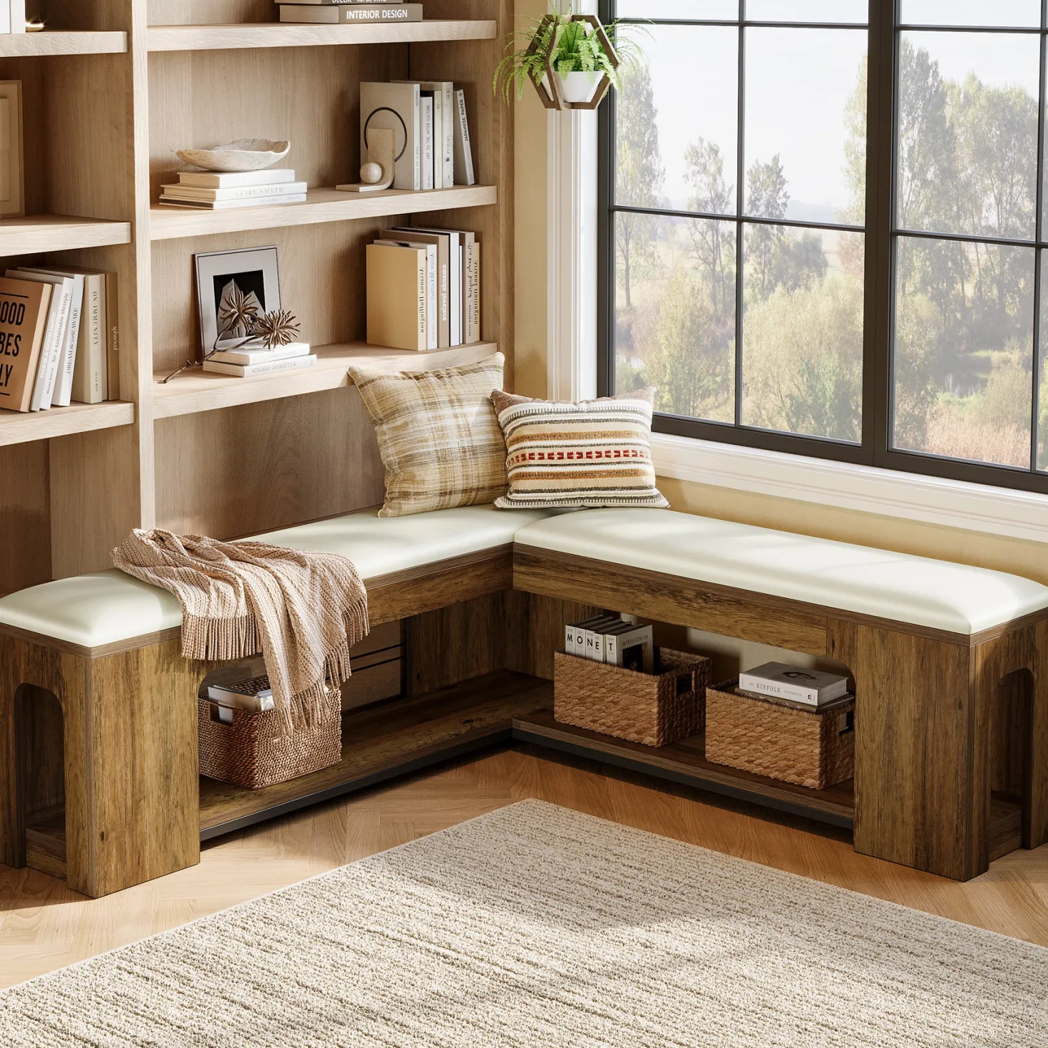 L-Shaped Corner Bench, Farmhouse Dining Bench with Removable Seat Cushion