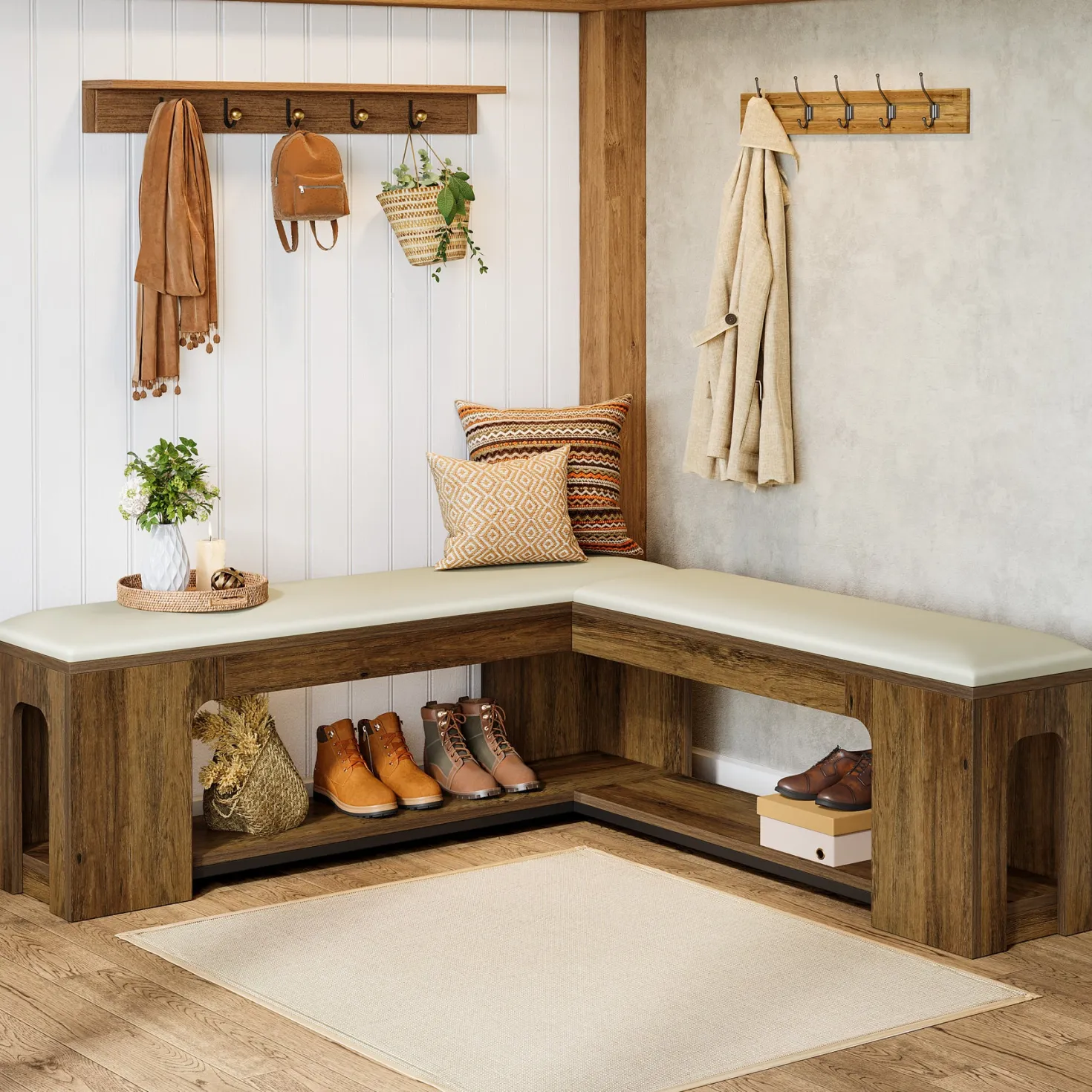L-Shaped Corner Bench, Farmhouse Dining Bench with Removable Seat Cushion