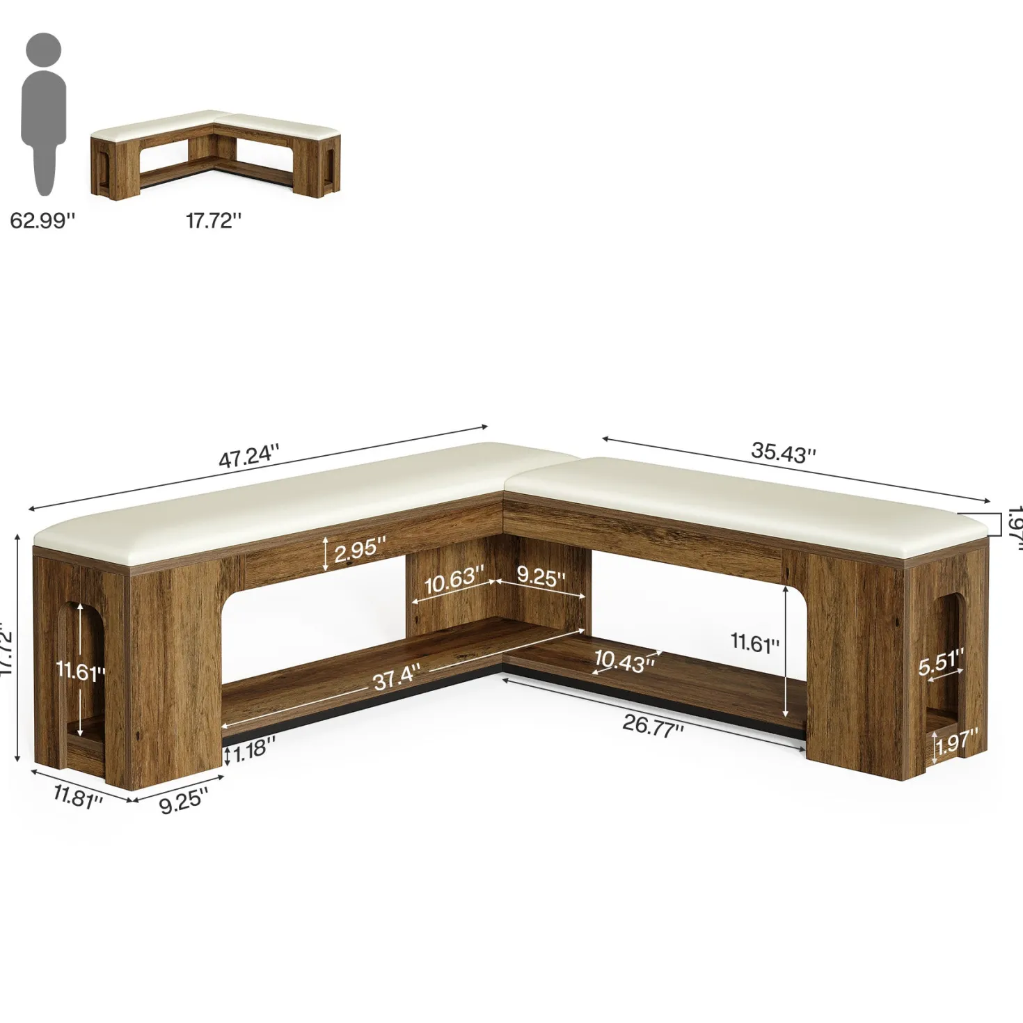 L-Shaped Corner Bench, Farmhouse Dining Bench with Removable Seat Cushion