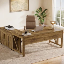 L-Shaped Executive Desk, 63" Computer Desk with Drawer Cabinet