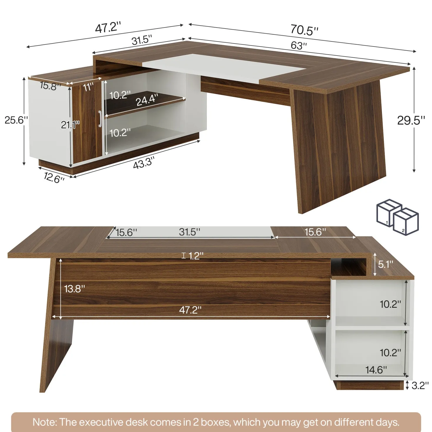 L-Shaped Executive Desk, 70.5" Computer Desk with Cabinet