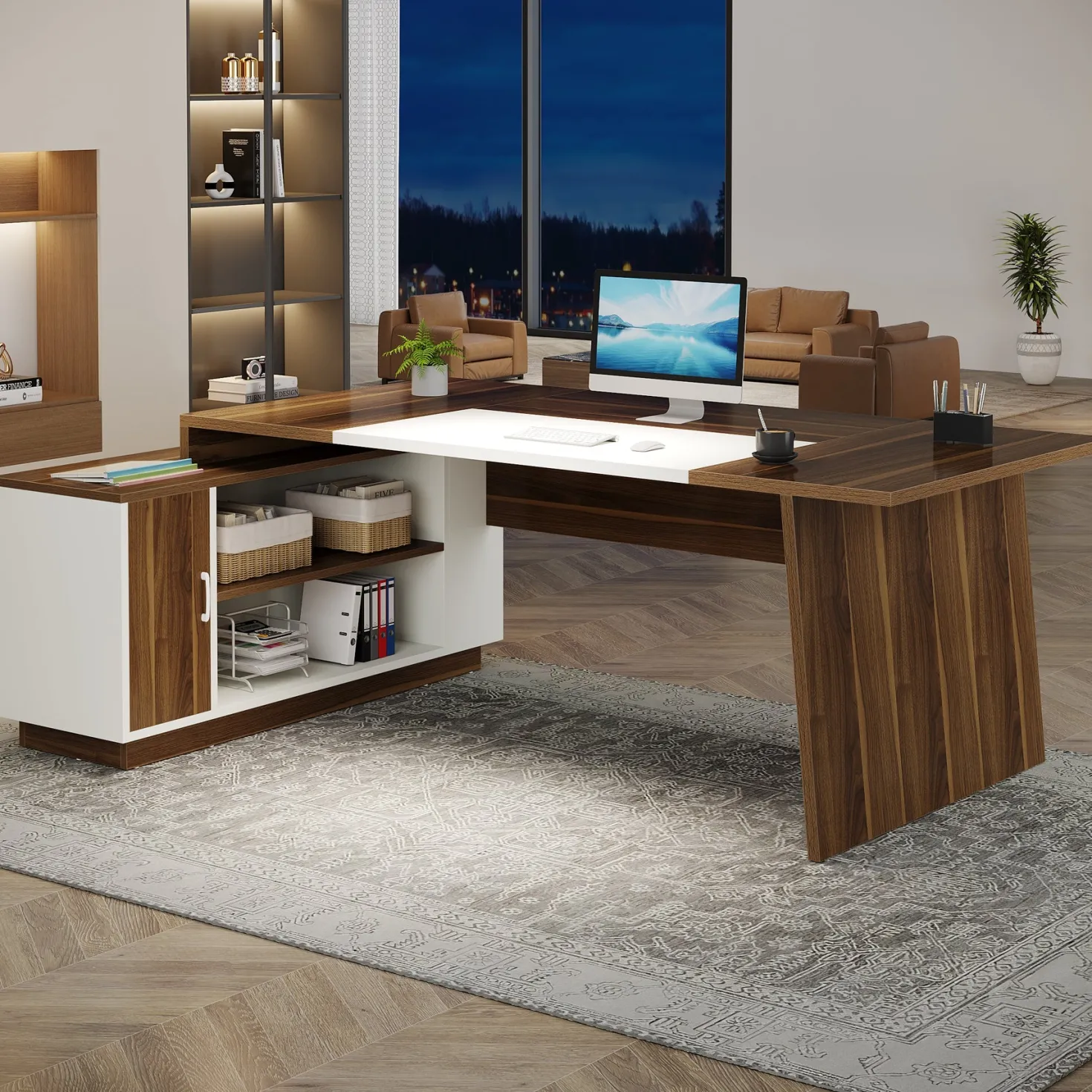 L-Shaped Executive Desk, 70.5" Computer Desk with Cabinet